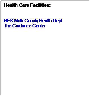 Text Box: Health Care Facilities:
 
 
NEK Multi County Health Dept.
The Guidance Center
 
 
 
 
 
 
 
 
 
 
 
 
 
